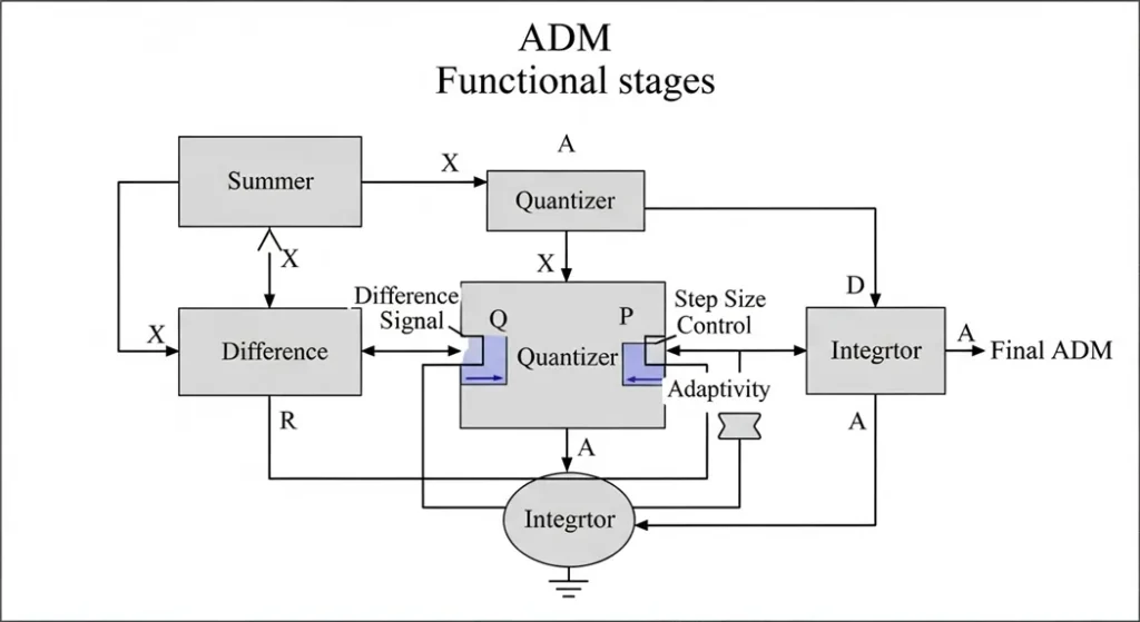 Block diagram of an ADM transmitter showing input summer quantizer step size controller an