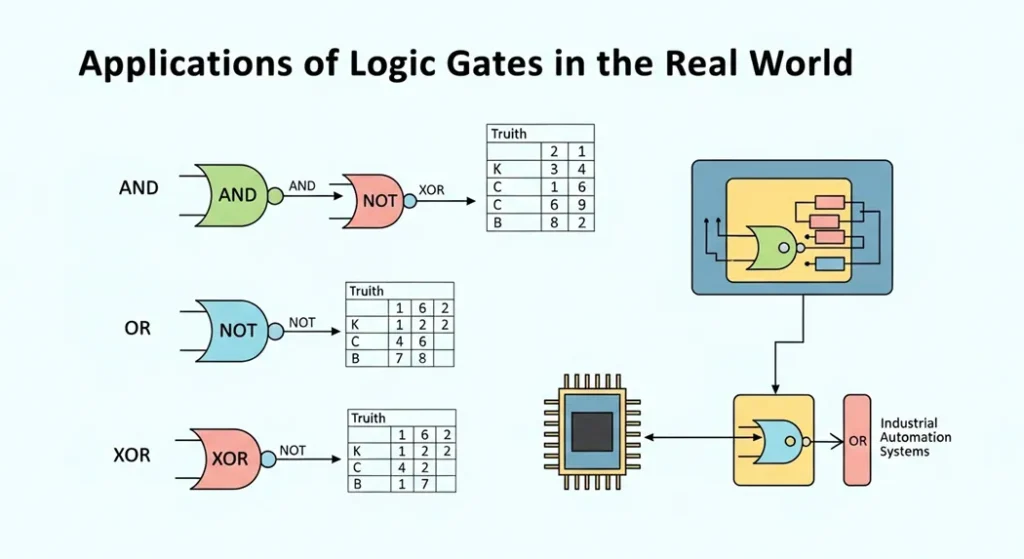 Applications of logic gates in real world devices and circuits CPUs, smartphones, alarm sy
