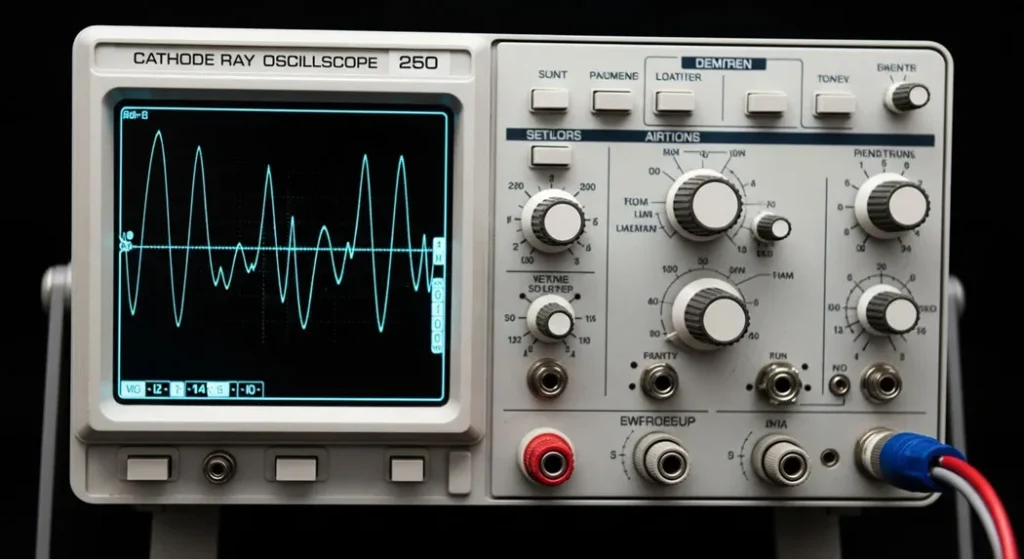 Cathode Ray Oscilloscope CRO front panel showing screen waveform display, controls, and pr