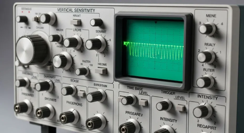 CRO cathode ray oscilloscope front panel showing all controls Volts/Div, Time/Div, trigger