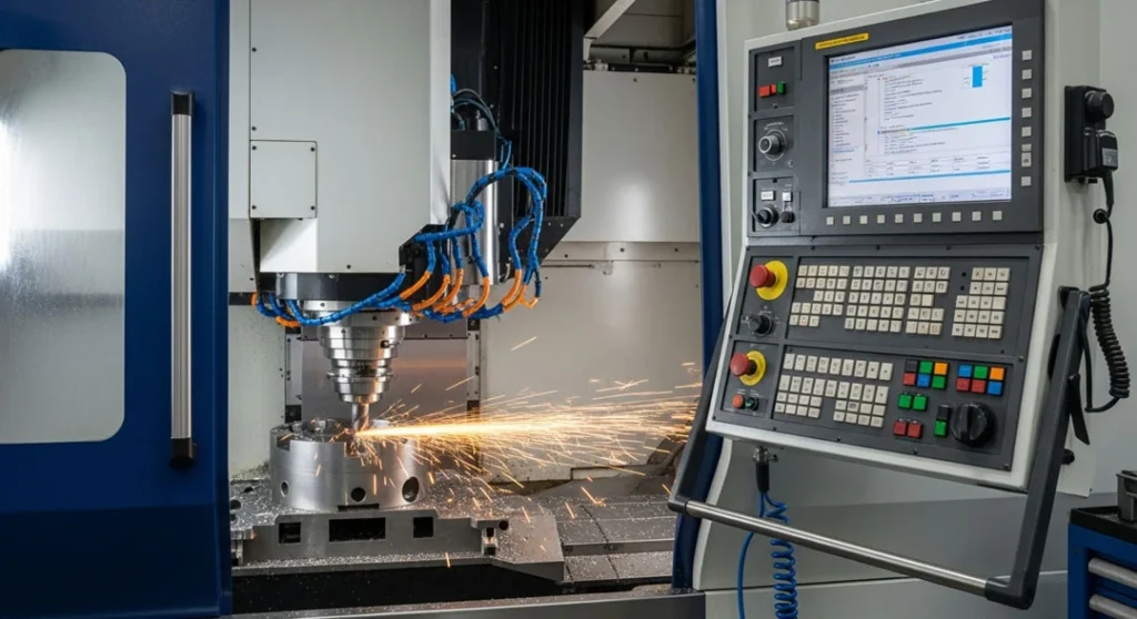 CNC milling machine cutting an aluminum part with coolant