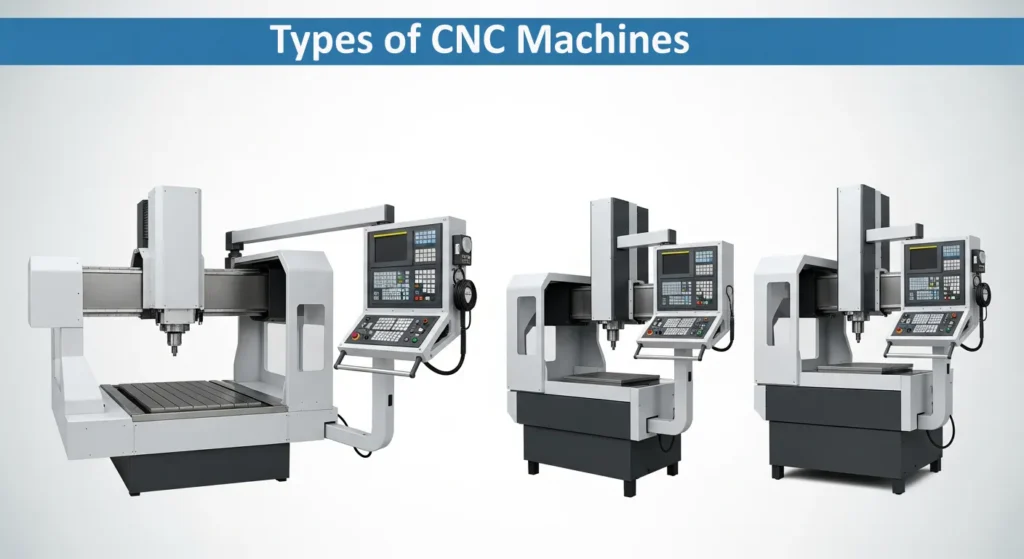 Types of CNC machines including milling, lathe, and drilling machines
