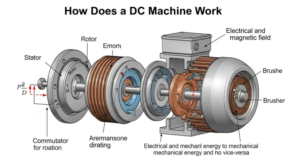 DC machine EMF generation Faraday's law applied to rotating armature conductors cutting ma