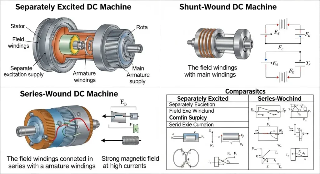Types of DC machines separately excited, shunt wound, series wound, compound wound, and br