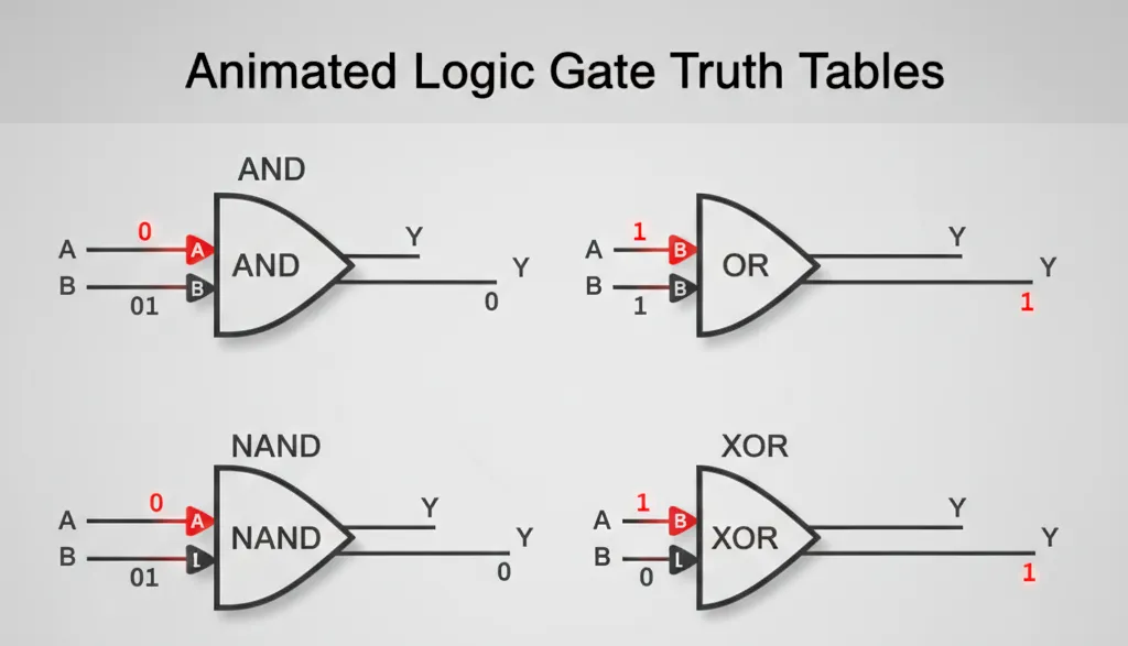 Animated demonstration of AND, OR, NAND, XOR gates showing output changes with different i
