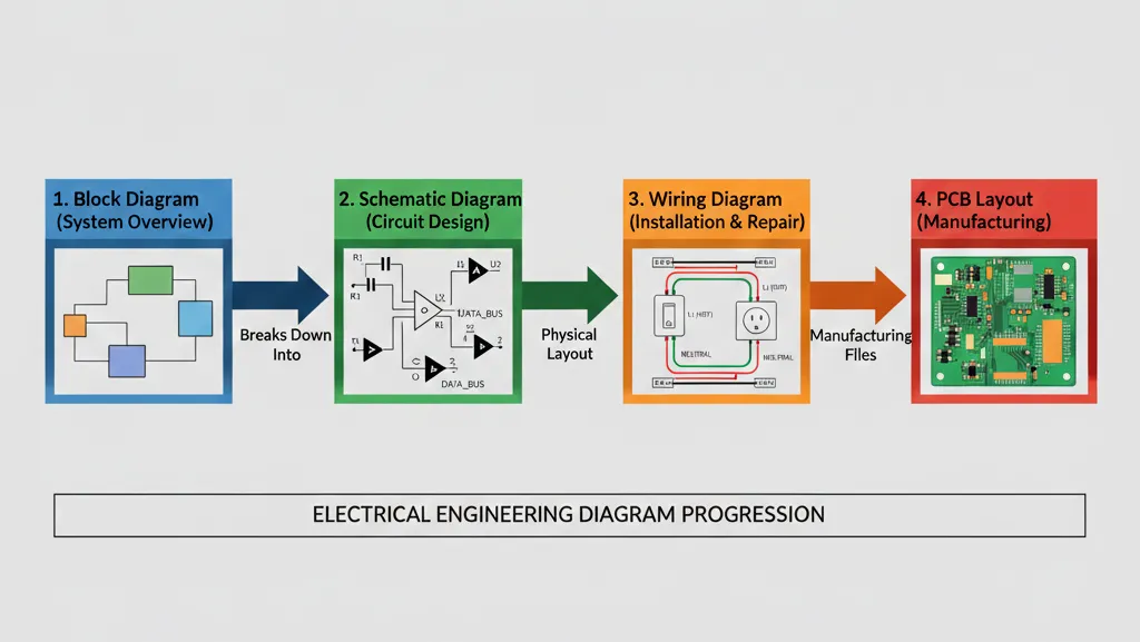Flowchart showing progression from block diagram to schematic diagram to wiring diagram to