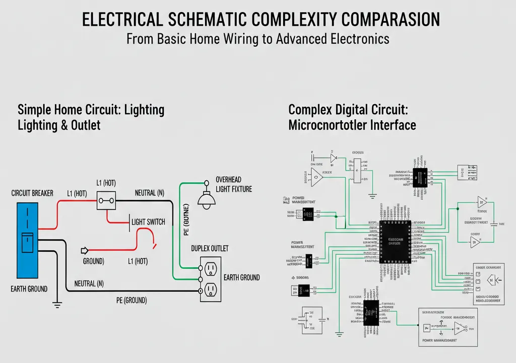 Comparison between basic home lighting circuit schematic and advanced microcontroller inte