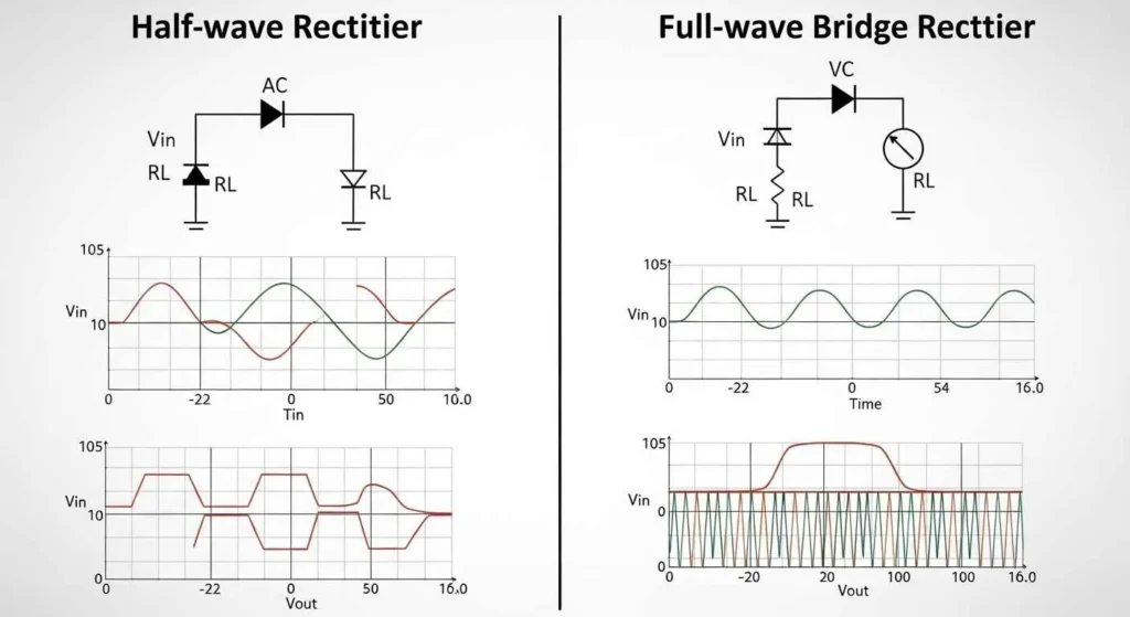 Half Wave vs Full Wave Rectifier comparison of waveforms, efficiency, ripple factor and ci