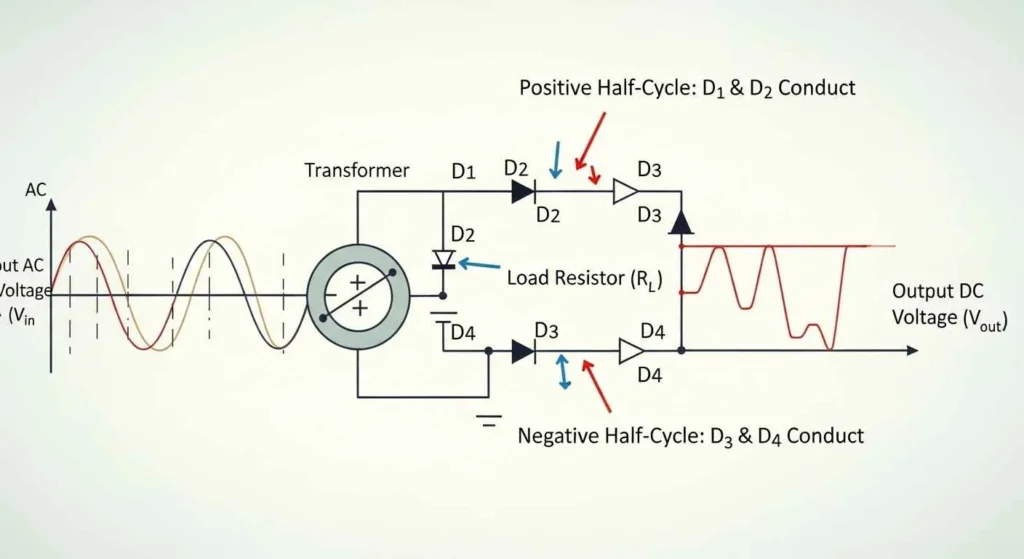 How Does a Full Wave Rectifier Work diode conduction paths during positive and negative ha
