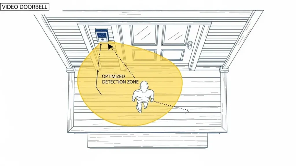 Diagram of a doorbell's Passive Infrared sensor field of view with optimized detection zon