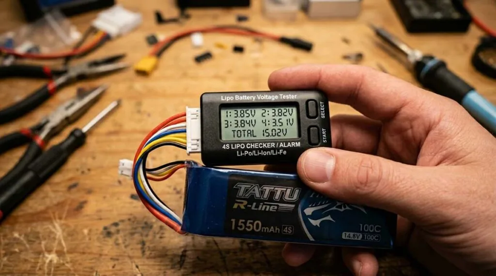 LiPo cell voltage checker displaying per-cell voltages on a 4S battery pack