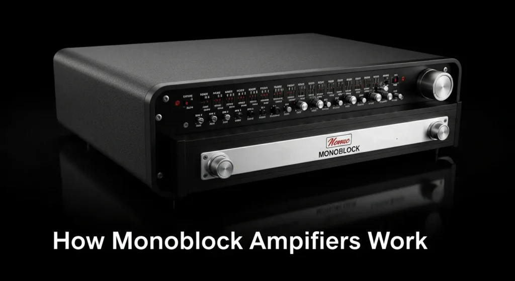 How Amplifiers Work signal path diagram showing preamp stage, power amplification stage, M