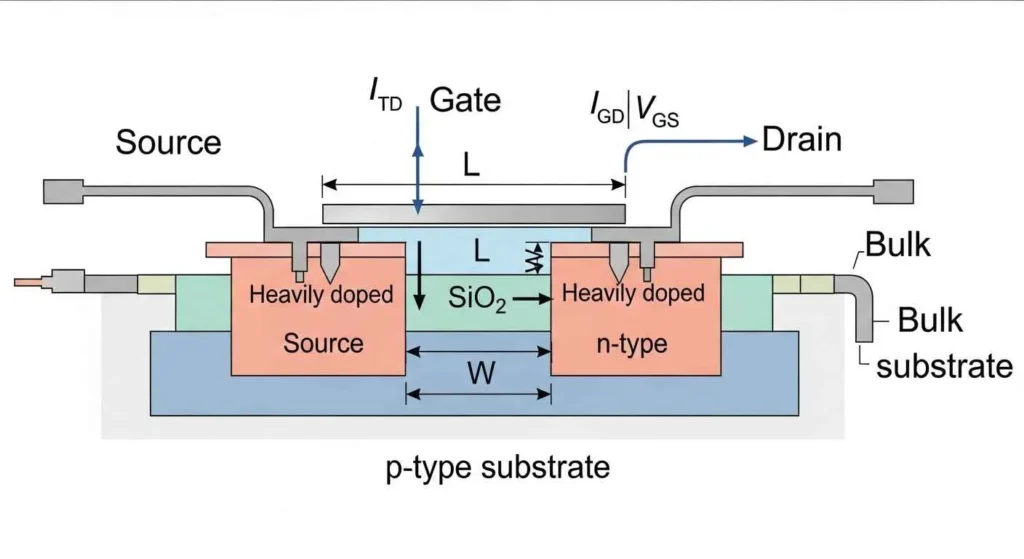MOSFET Structure and Components Gate, Drain, Source, Body Diode, Gate Oxide Layer cross-se