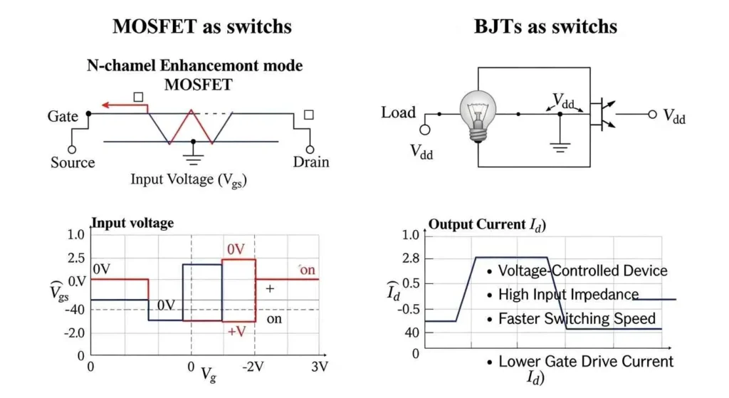 MOSFET vs BJT as a Switch comparison of switching speed, gate current, on-state loss and e