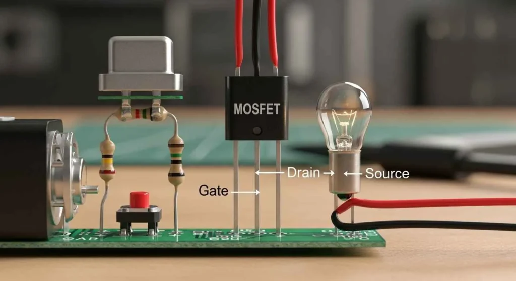 N-Channel MOSFET as a Switch low-side switching circuit with gate resistor, load and micro