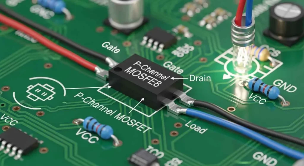 P-Channel MOSFET as a Switch high-side switching circuit with pull-down transistor and loa