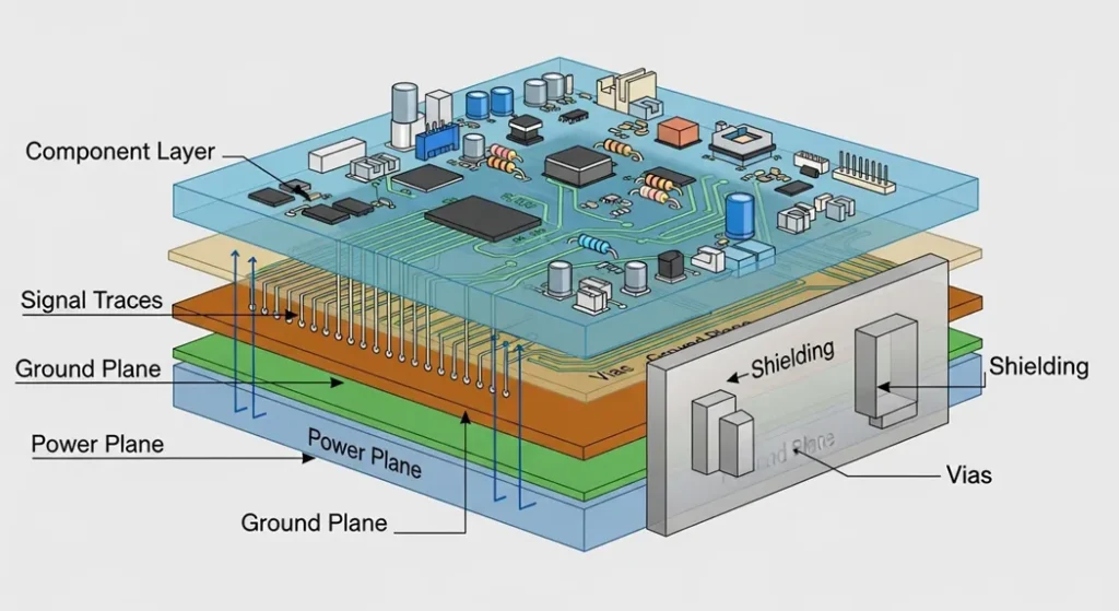 proper PCB layout with ground planes and shielding