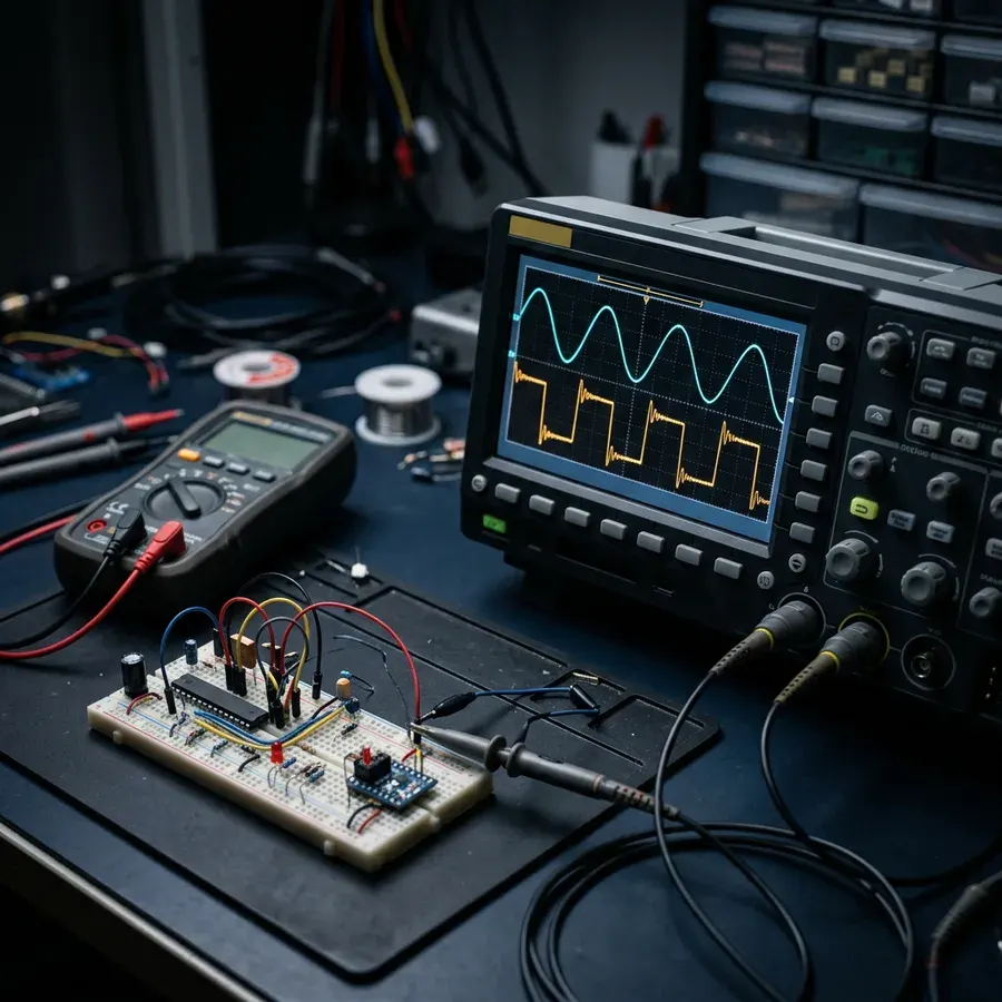 Oscilloscope waveform measurements on the Procirel bench