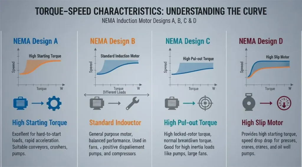 Squirrel Cage Motor Torque-Speed Characteristics curve showing breakdown torque, pull-up t