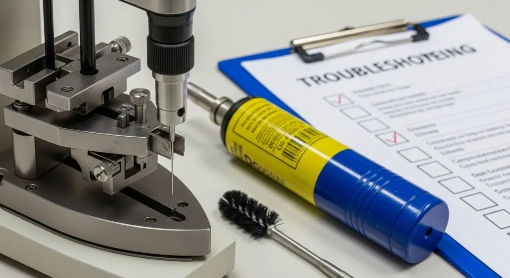 Close-up of a moving iron instrument with a stuck needle, placed beside compressed air and