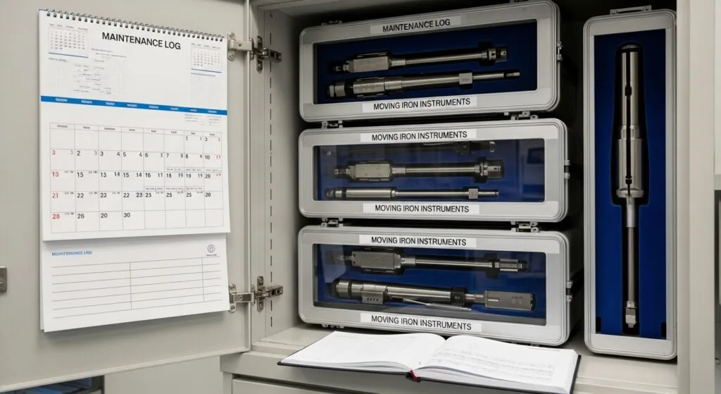 Storage cabinet with labeled moving iron instruments in protective cases, alongside a main