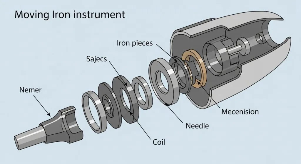 Labeled diagram showing the internal parts of a moving iron instrument, including coil, ir