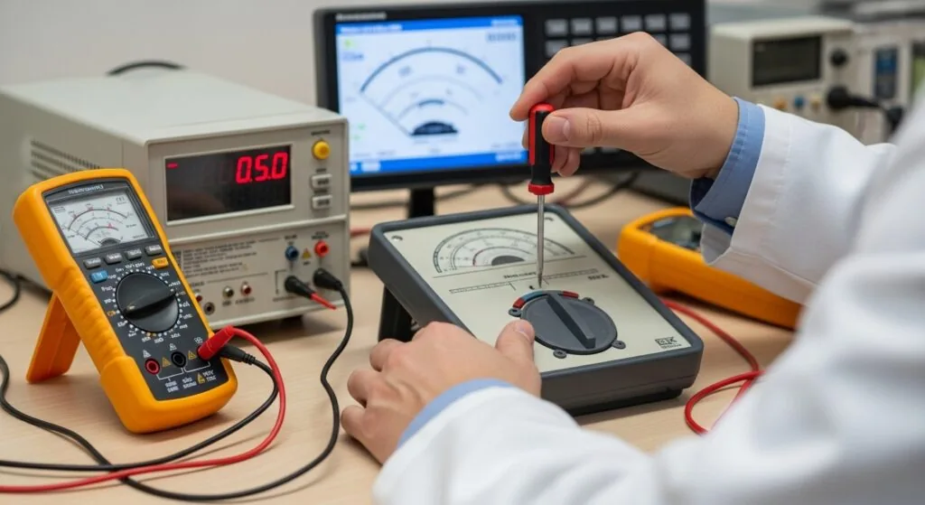 Technician in a lab coat calibrating a moving iron voltmeter using a screwdriver, with a m
