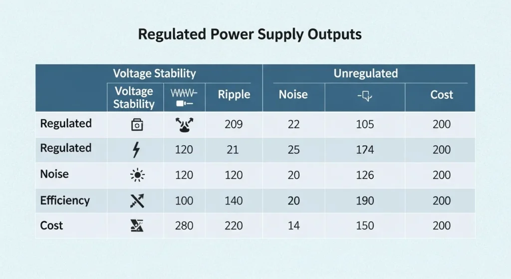 Chart comparing regulated linear power supply vs SMPS efficiency, ripple, size and noise c