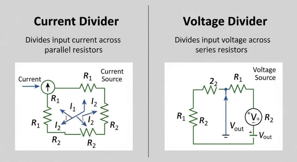 Current Divider vs Voltage Divider comparison diagram showing series vs parallel resistor
