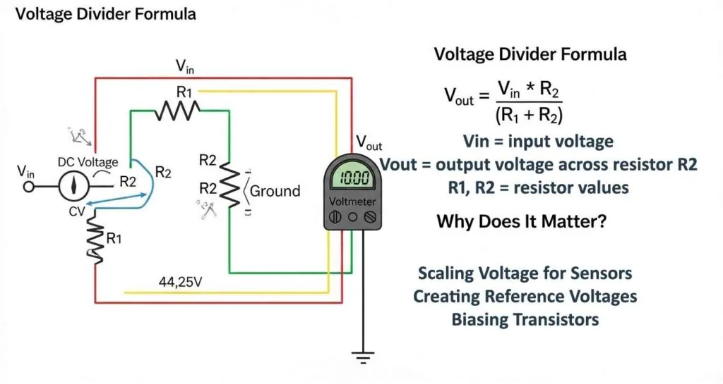 Voltage Divider Formula schematic R1 and R2 in series with Vin input and Vout measured acr