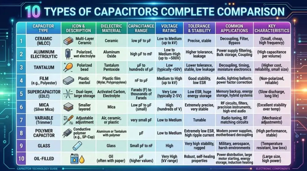 Comparison of 10 capacitor types