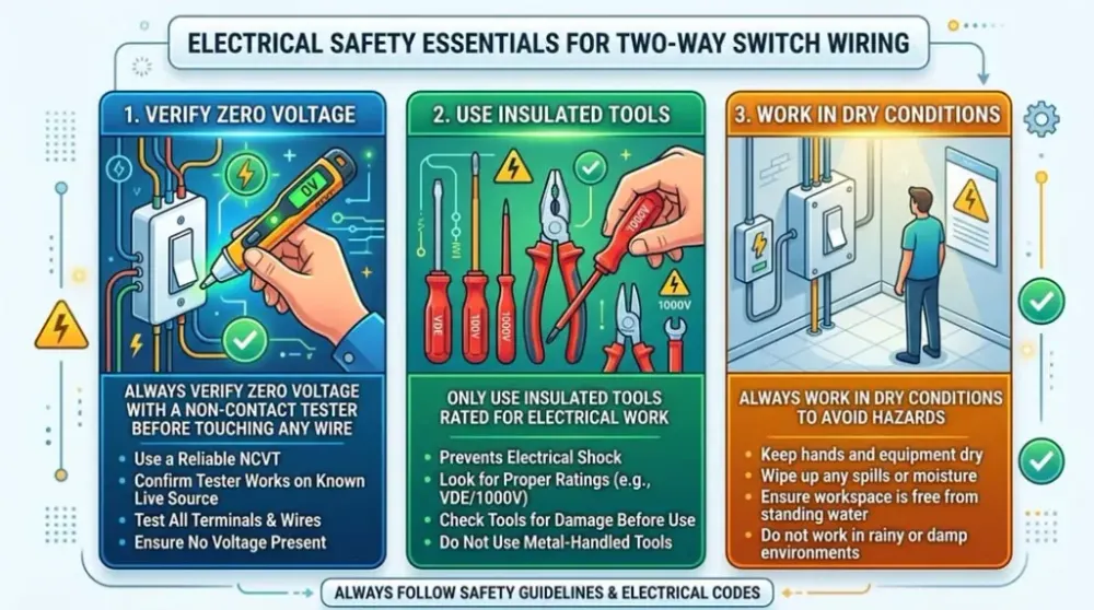 Electrical safety first turning off breaker, using voltage tester, wearing insulated glove