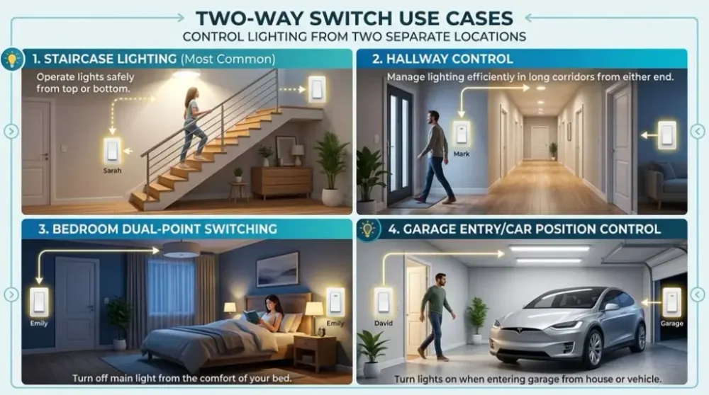 Two way switch use cases staircase, hallway, bedroom, garage wiring applications