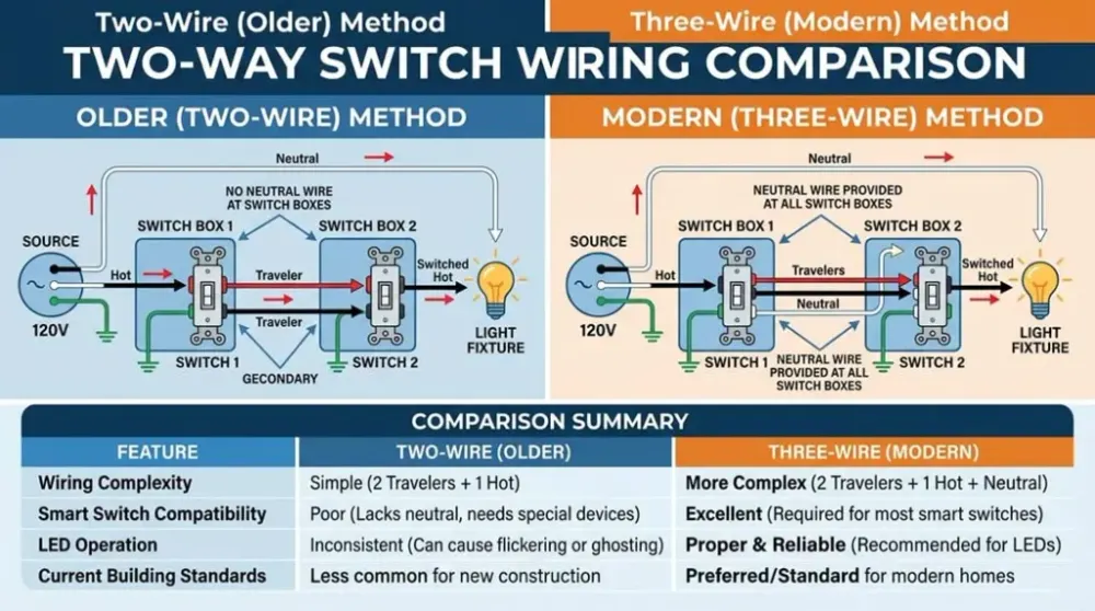 Two wire method two way switch wiring older installation showing two conductor cable betwe